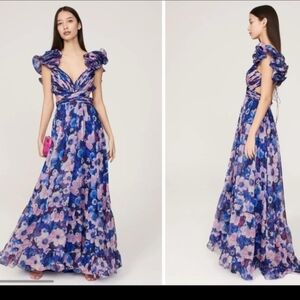 Mac Duggal Floral Ruffle-Sleeve Maxi Dress in Blue & Pink
